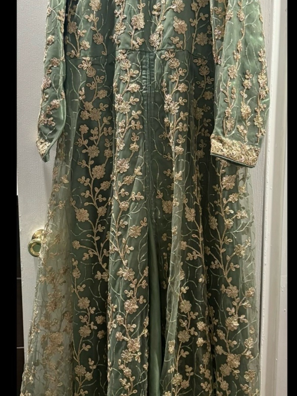 Embroidered Sage Green Women's Dress with Gold Floral Lace